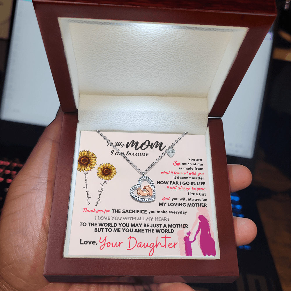 To My Mom - To Me You Are The World - Baby Feet Heart Necklace